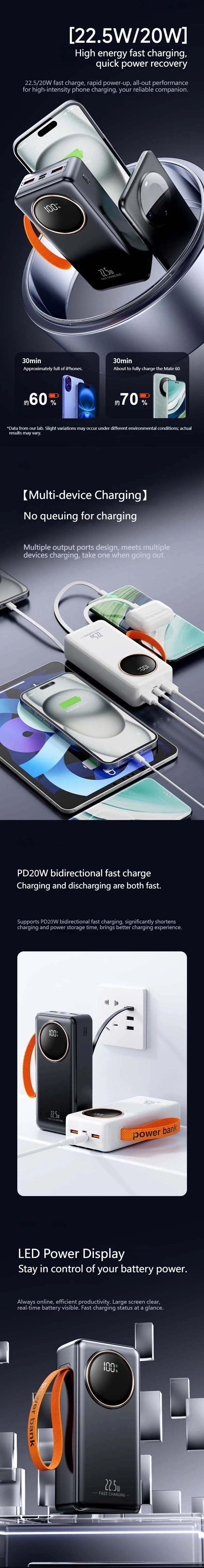 Portable Power Bank 22.5W 80000mAH Super Fast Charger Large Capacity External Battery Supports Simultaneous Charging of 5 Device