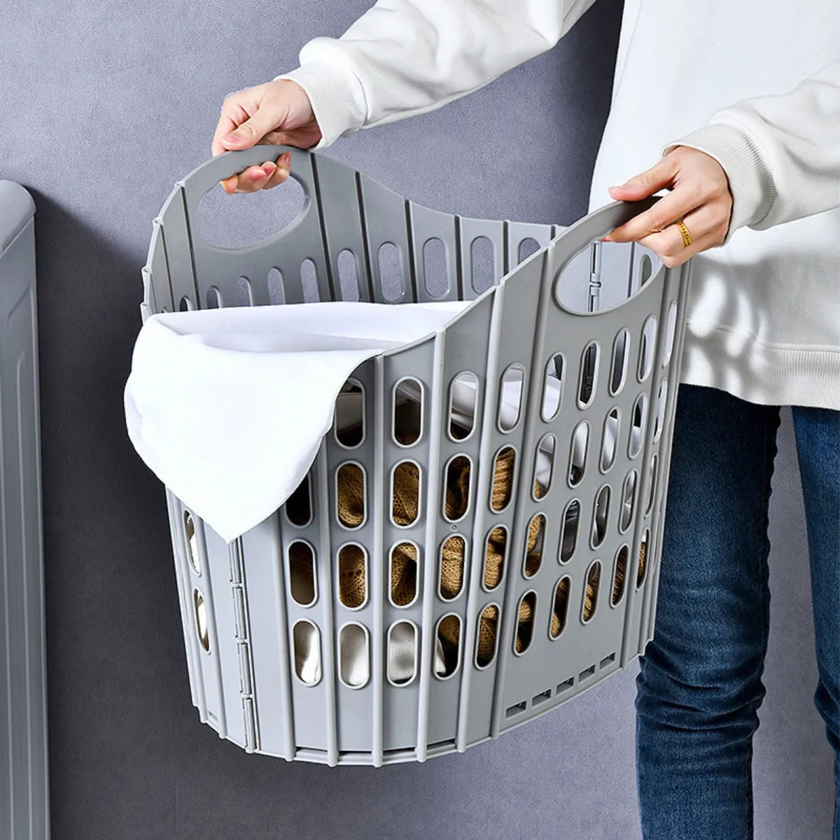 Foldable Laundry Basket with Handle - Durable Plastic Rectangular Design, Breathable and Lightweight for Home Bathroom